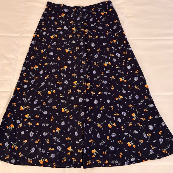 Vintage Entirely Handmade Navy Blue Floral Midi Skirt with Full Button Front - Picture 1 of 3
